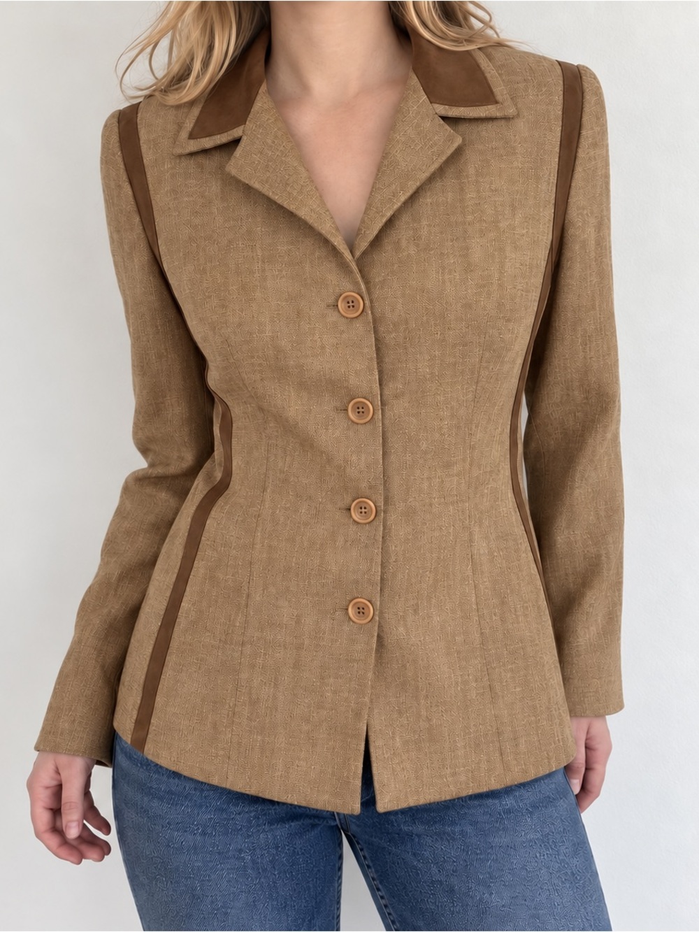 Vertigo Paris Blazer Jacket Women’s Brown Faux Suede Trim Y2K Euro Vintage M